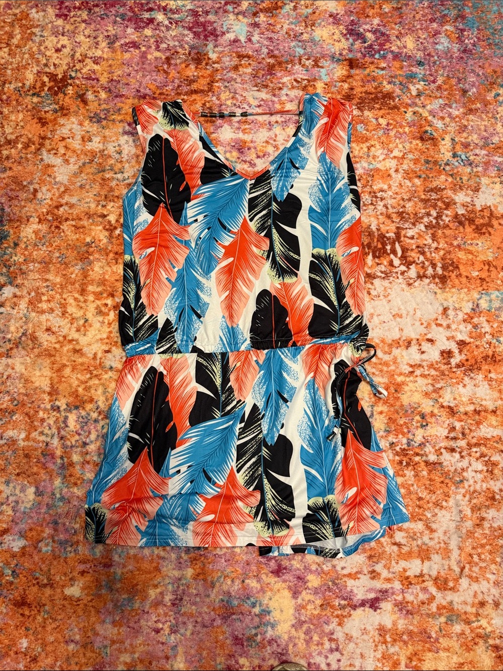 Tropical Feather Print Sleeveless Dress Top in Blue, Coral & Black